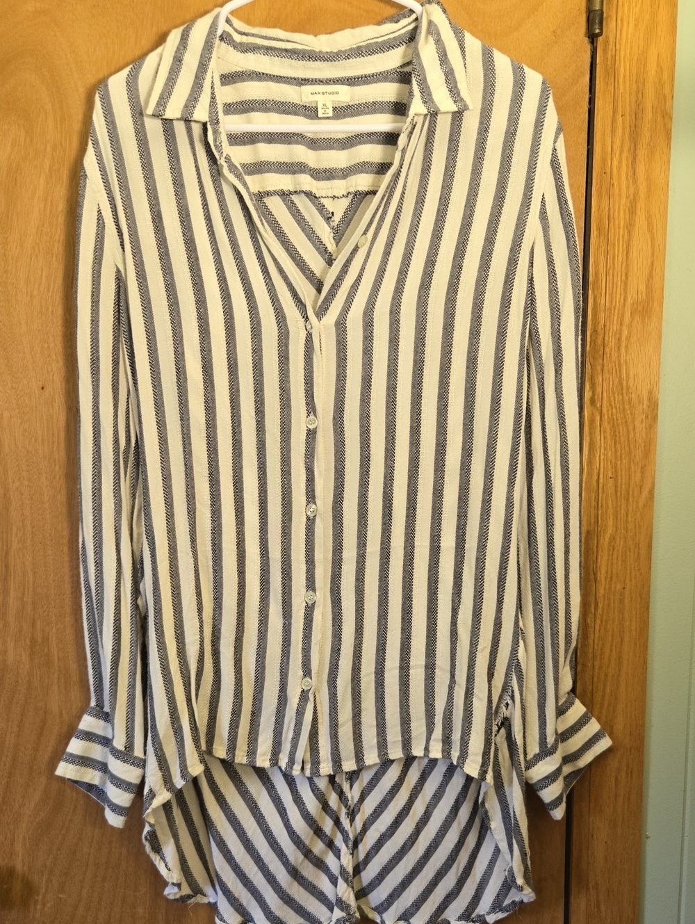 Max Studio Blue and White Vertical Stripe Button-Down High Low Shirt